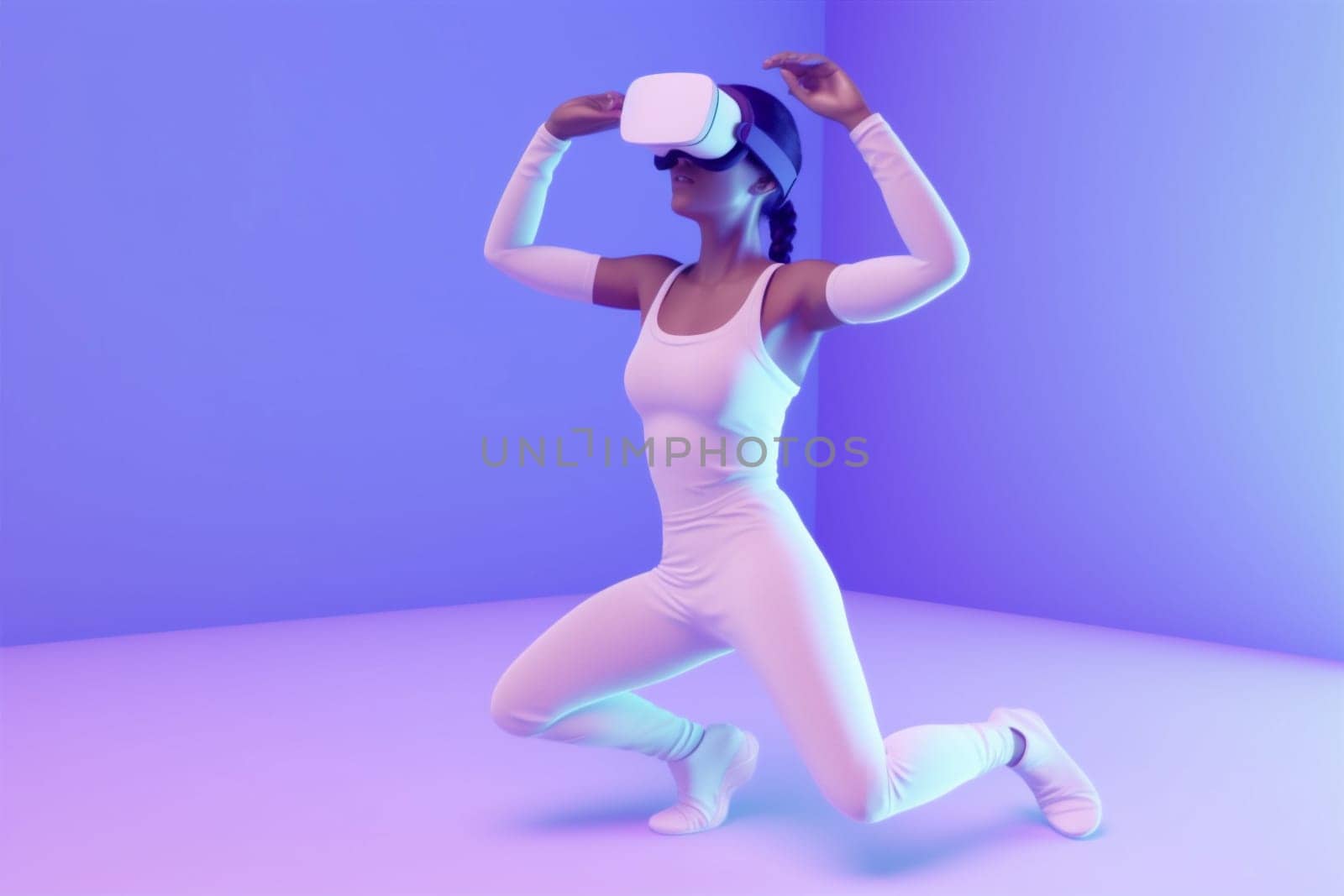 woman headset digital reality person internet futuristic cyberspace virtual innovation smart tech science vr art glasses sport concept neon reality virtual game. Generative AI.