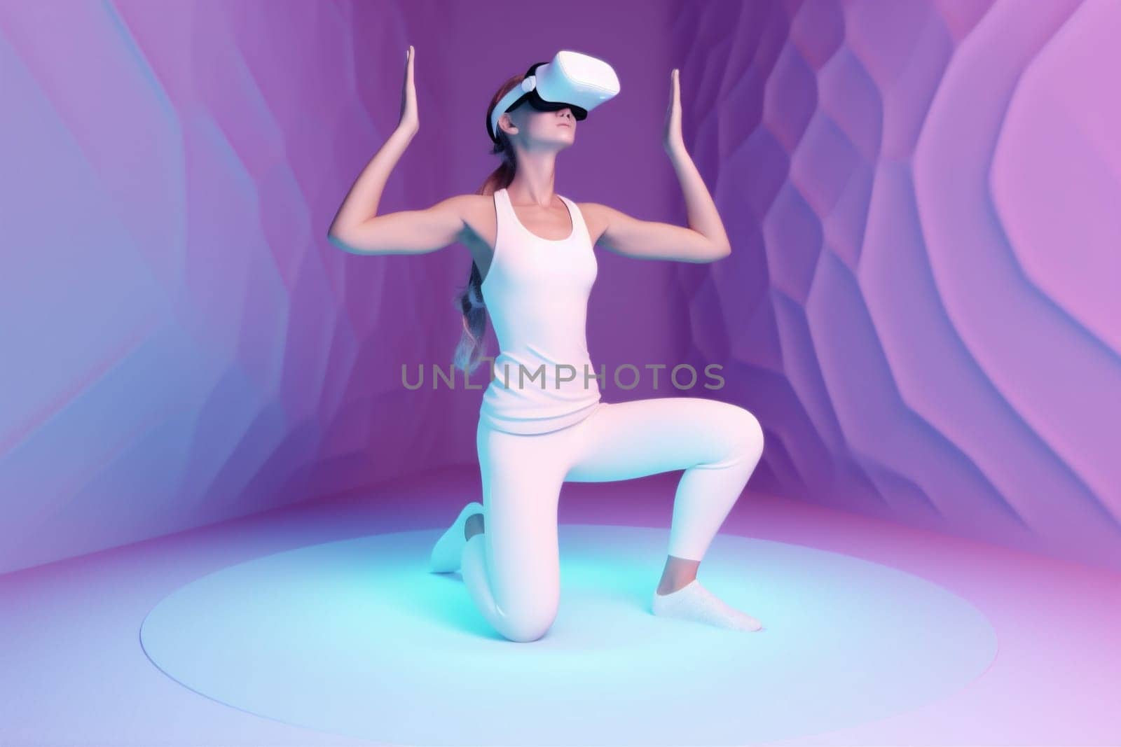 woman science glasses reality virtual concept person lifestyle game metaverse neon sport cyberspace render colorful innovation young fly smart vr digital 3d. Generative AI.