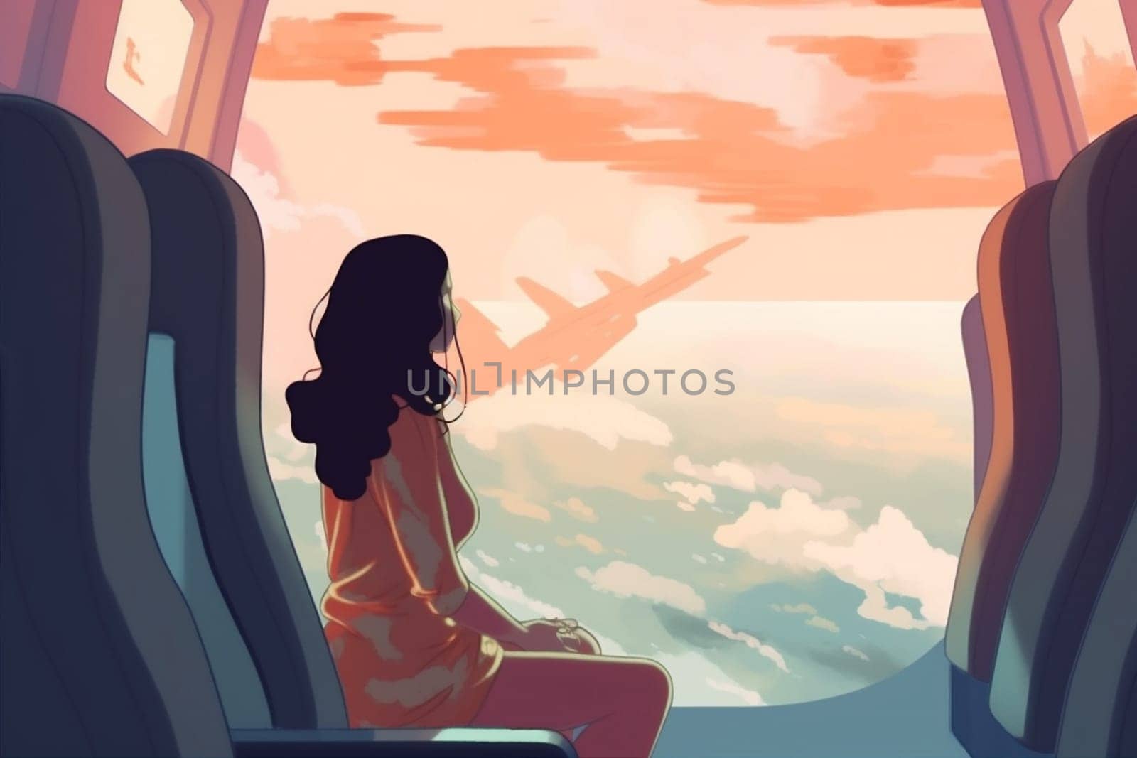 window woman illustration plane seat transportation passenger journey character trip flight. Generative AI. by Vichizh