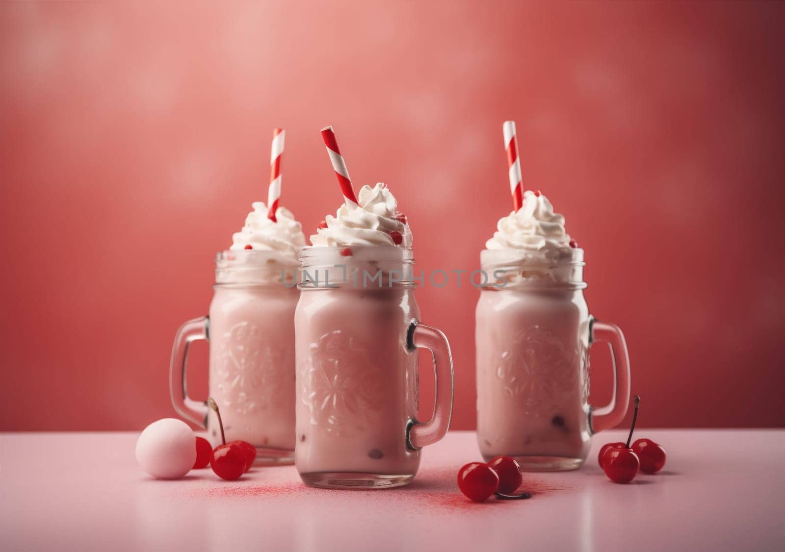 beverage drink milkshake cocktail cream ice pink glass sweet retro. Generative AI. by Vichizh