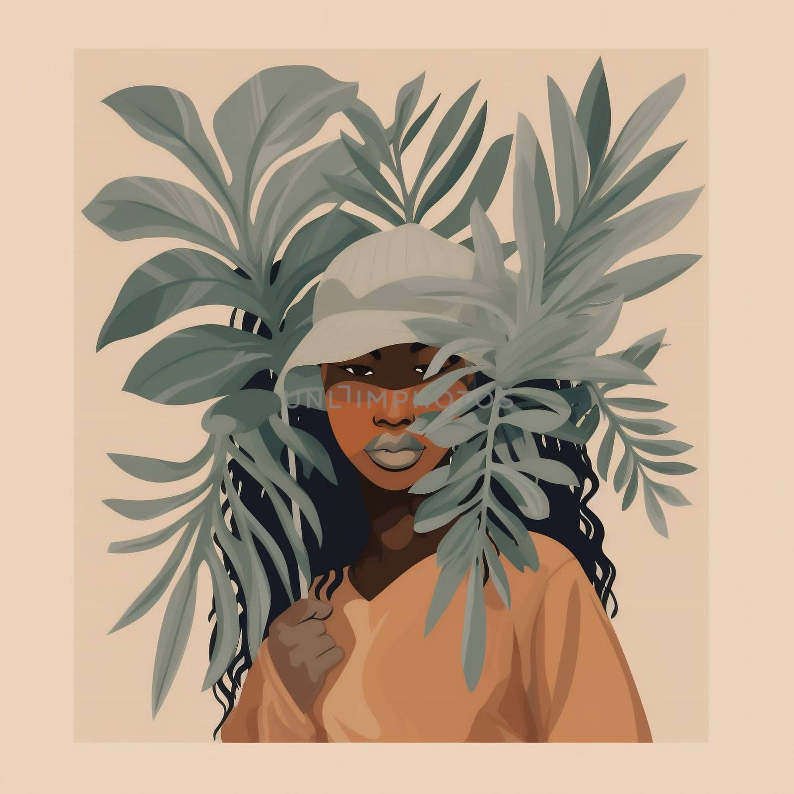leaf woman beige print trendy poster abstract design palm drawing art. Generative AI. by Vichizh