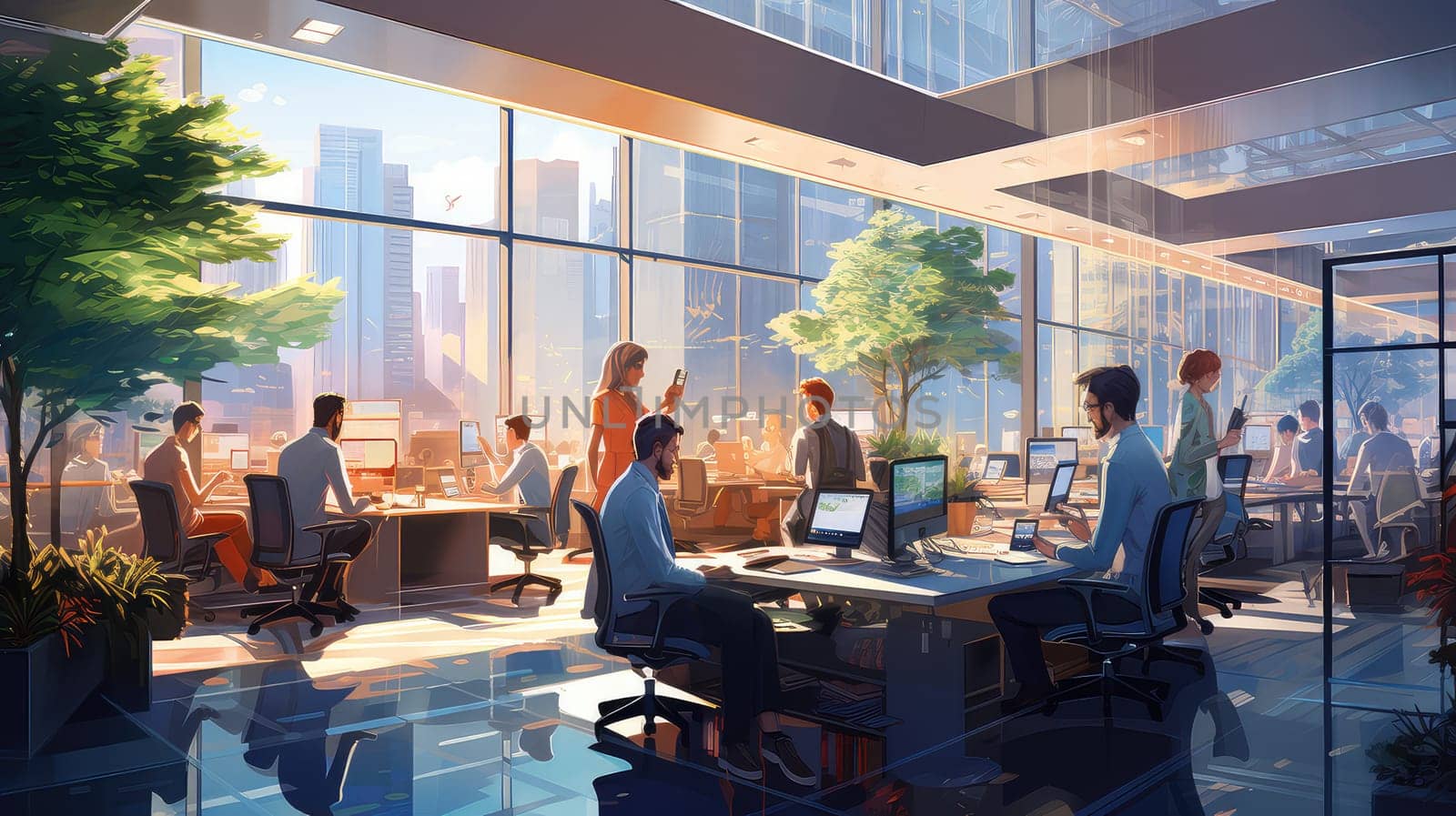 A bustling office scene with employers cartoon illustration - Generative AI. Window, cityscape, monitor, office, people.