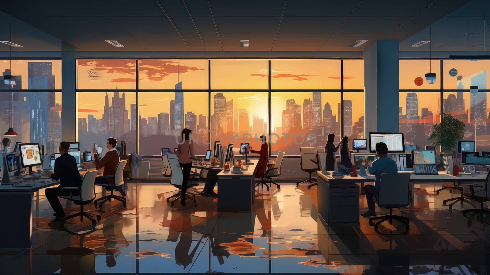 A bustling office scene with employers cartoon illustration - Generative AI. Round, table, people, discussion.