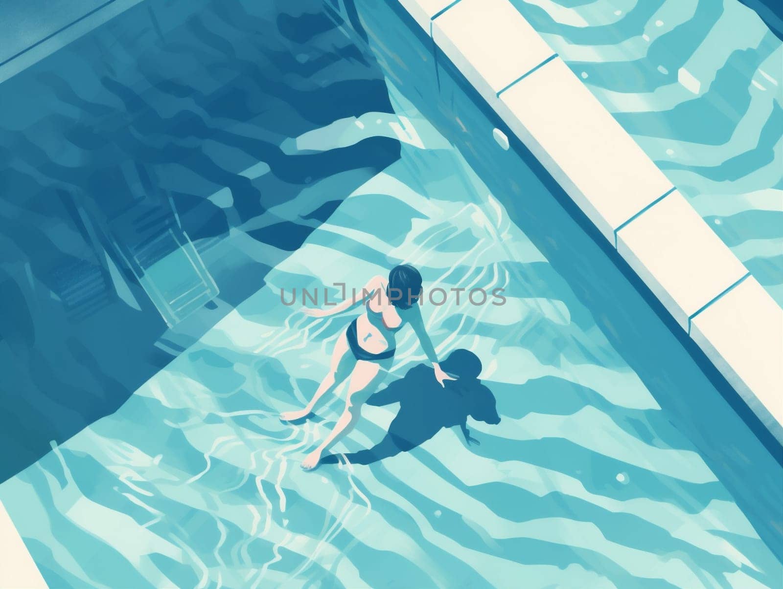 pool woman swimsuit swimming young summer cartoon illustration leisure activity ocean travel swim water blue girl vacation relax holiday person background. Generative AI.