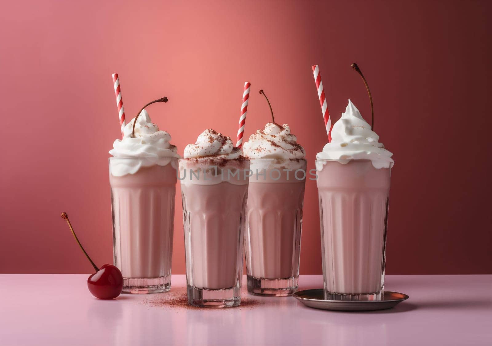 retro sweet beverage cream glass cocktail pink drink milkshake ice. Generative AI. by Vichizh