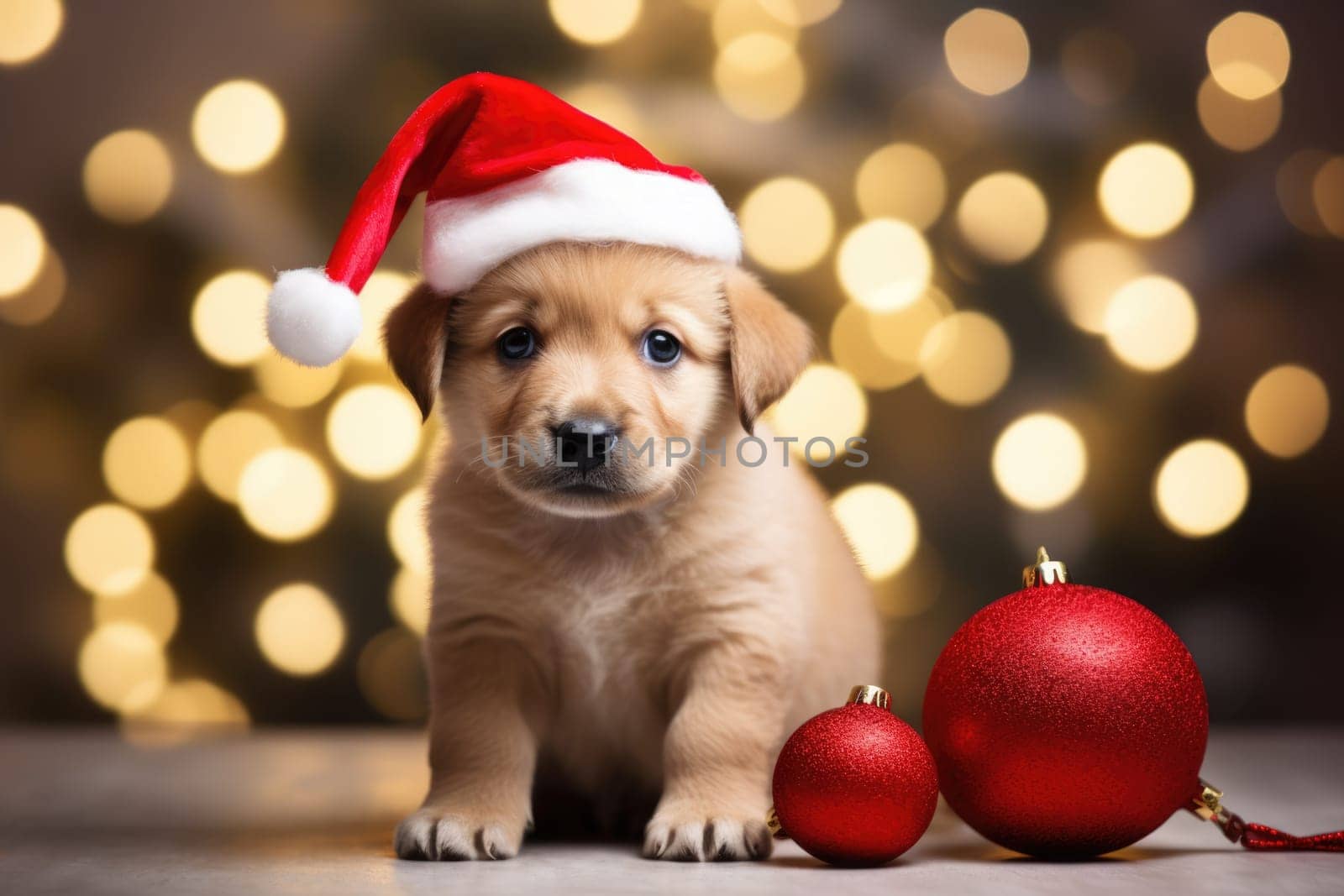 Adorable dog wearing Santa hats at room decorated for Christmas comeliness