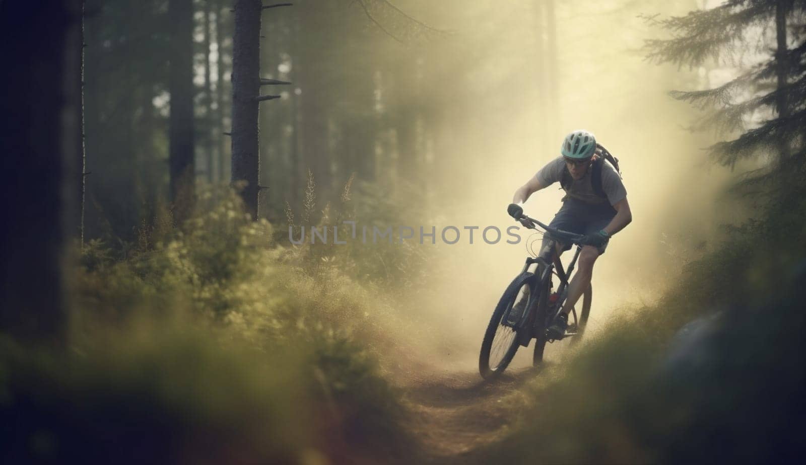 sunset woman sport bicycle bike lifestyle walking dark summer forest cycling. Generative AI. by Vichizh