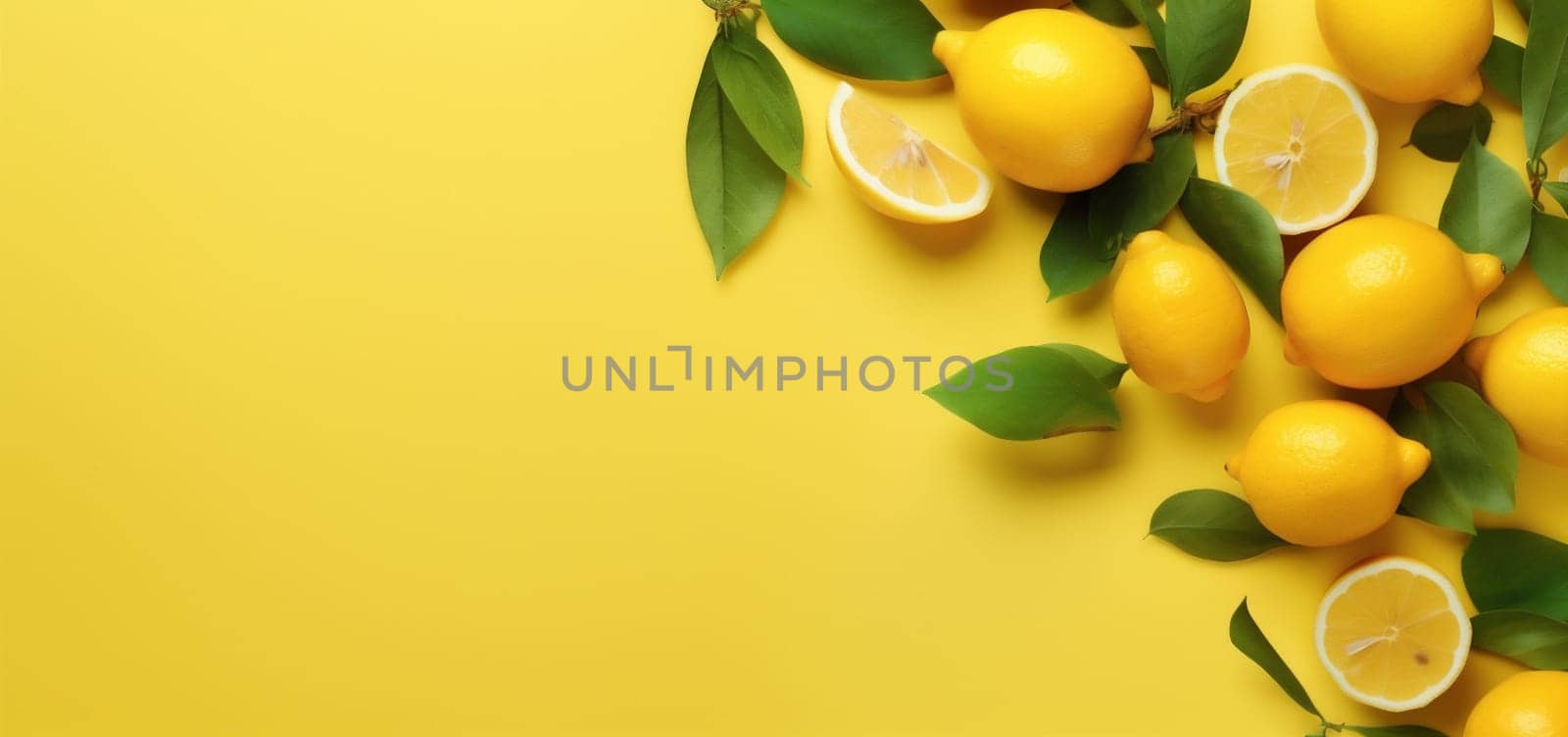 vitamin bright juicy close-up fresh color yellow group green lemon colorful natural creative leaf vegetarian background food view summer fruit healthy. Generative AI.