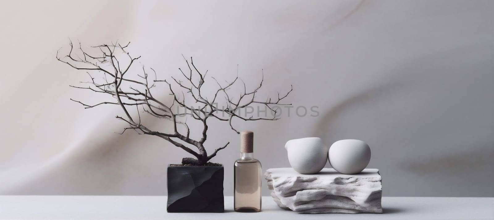 natural layout cosmetic tree nature branch tree product bottle presentation background beauty. Generative AI. by Vichizh