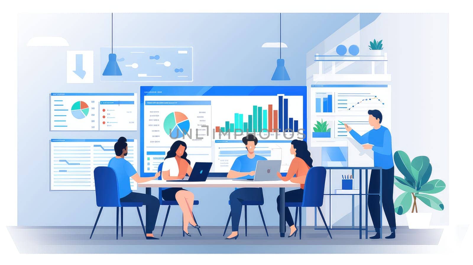 A collaborative online workspace cartoon illustration - Generative AI. Board, diagram, graph, table, people.