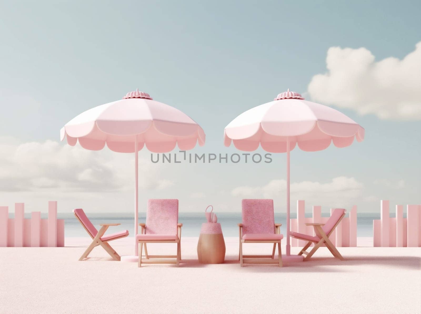 holiday summer sea retro background umbrella space chair sun beach water season vacation tropical sand copy pink parasol pool lifestyle shore. Generative AI.