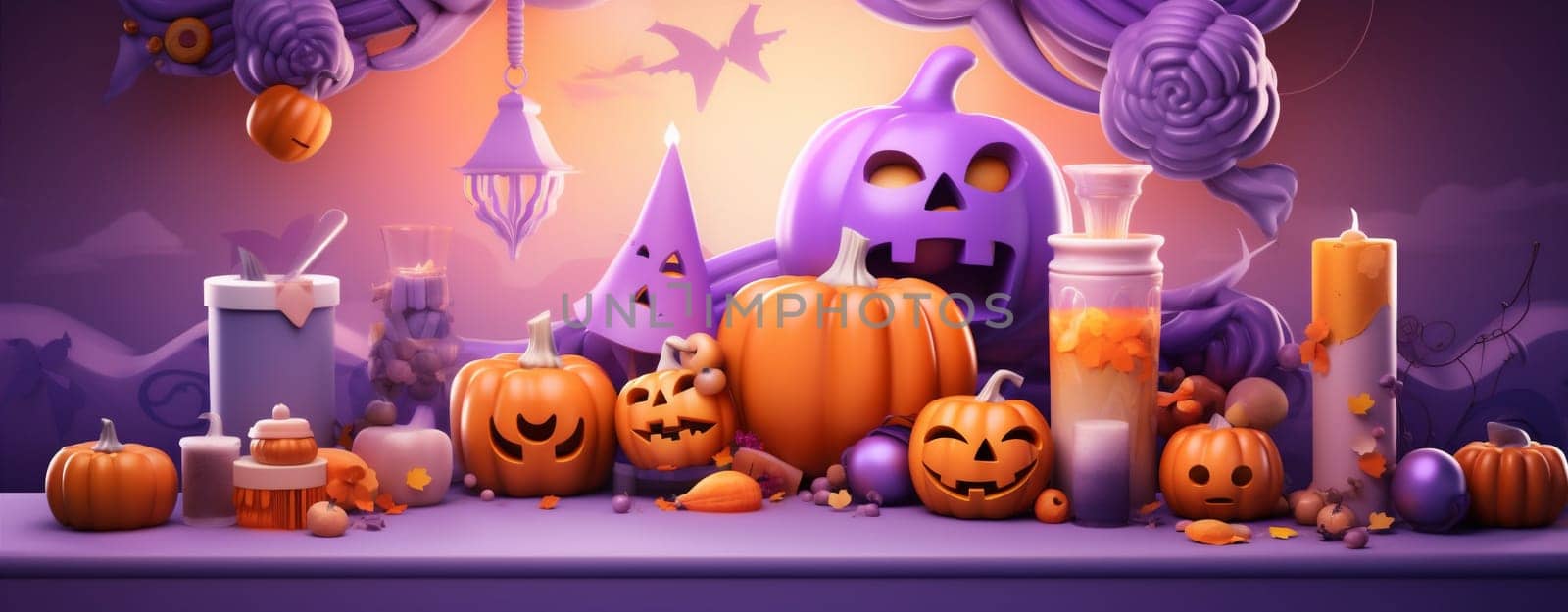 halloween spider holiday purple party orange celebration candy sweet pumpkin. Generative AI. by Vichizh