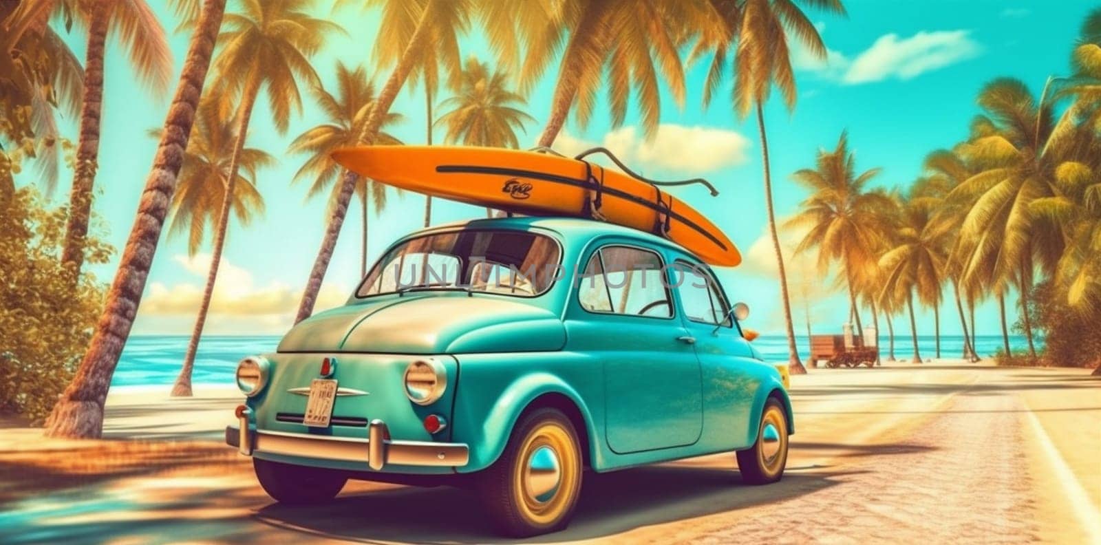 voyage retro summer sky car journey classic drive holiday tourism beach creative tropical vacation tree trip vintage travel palm road. Generative AI.
