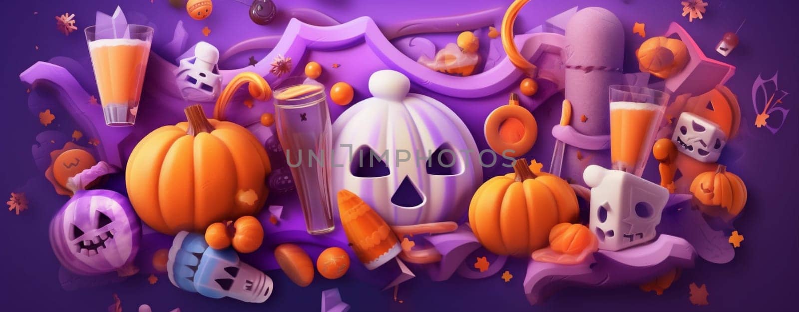 celebration candy orange purple sweet pumpkin spider party halloween holiday. Generative AI. by Vichizh