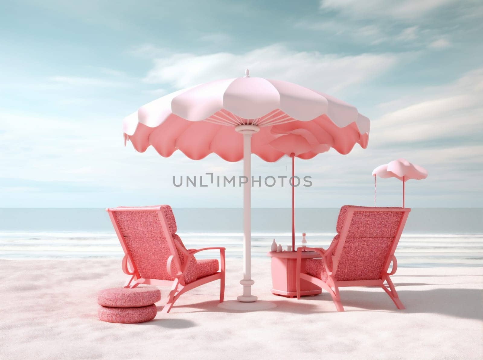 umbrella chair vacation goggles pink sea illustration space pool retro concept sand ocean holiday summer resort copy striped graphic parasol sun. Generative AI.