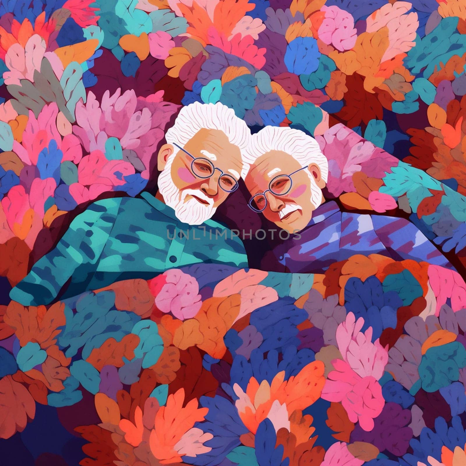 man woman bed asleep together pillow retired old happy love couple bedtime. Generative AI. by Vichizh