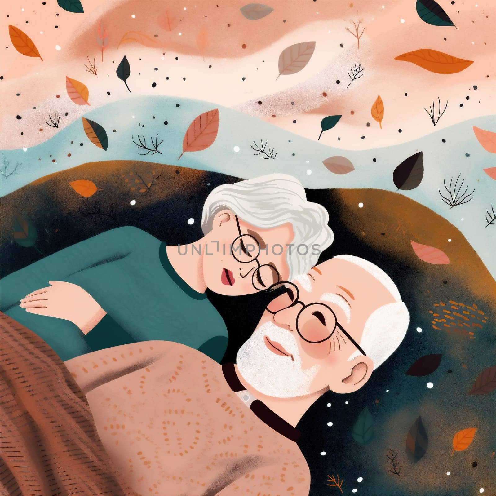 man woman old happy asleep partner retired bed love couple together pillow. Generative AI. by Vichizh