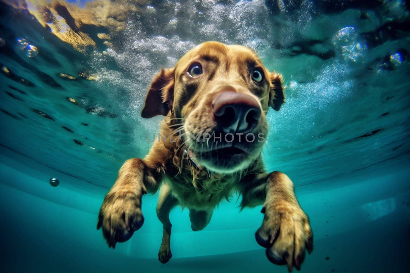 snorkeling dog fun pool vacation puppy swimming underwater water funny. Generative AI. by Vichizh