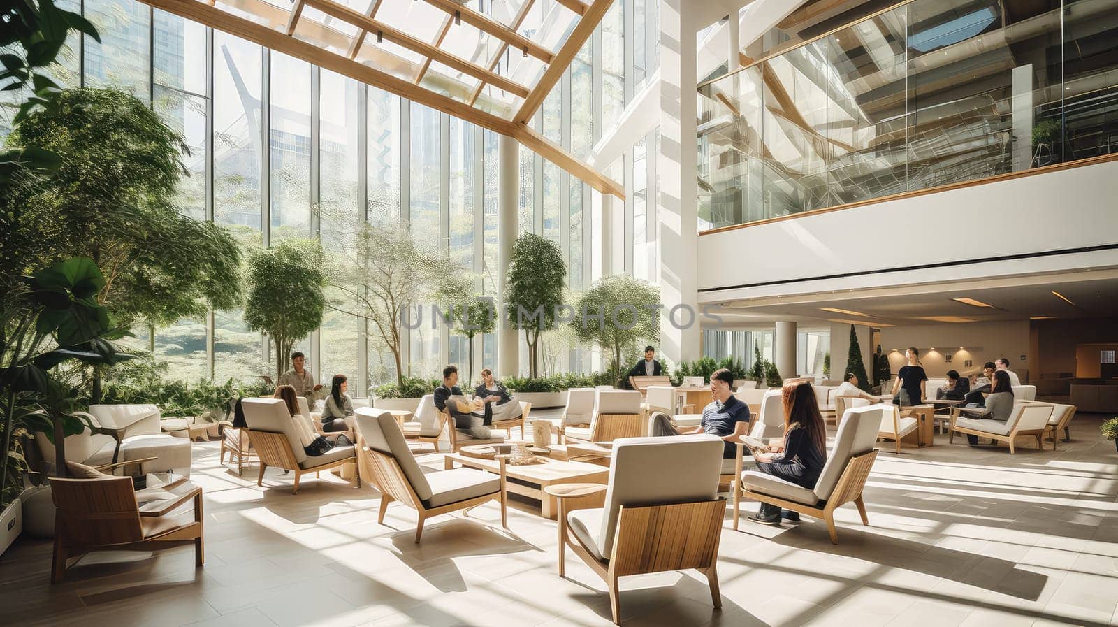 A serene office atrium photo realistic illustration - Generative AI. Office, atrium, plant, sofa, chair.