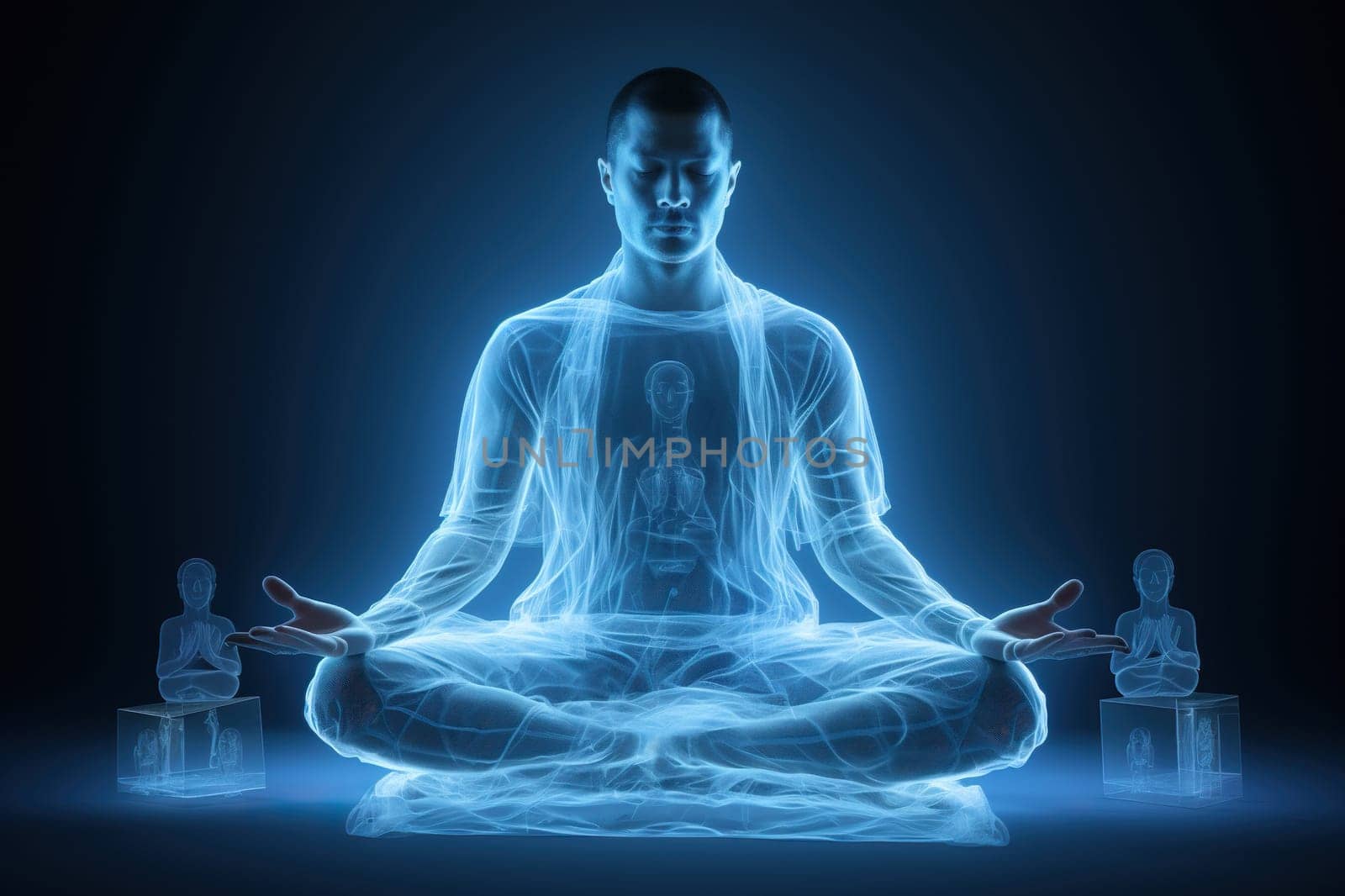 A man in a lotus position is surrounded by a blue glow. Meditation. Created by artificial intelligence by Vovmar