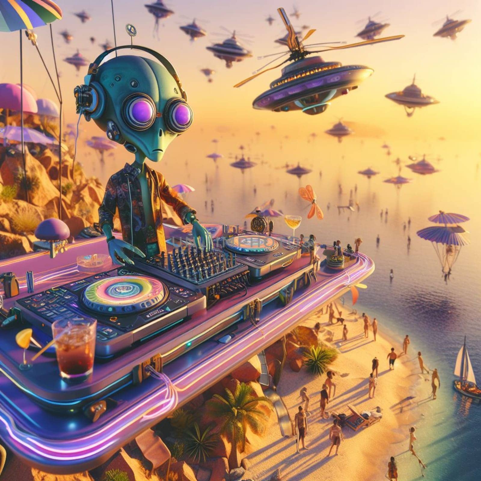 metallic alien deejay, hosting a crowded beach party in tropical island at sunset surreal scene by verbano