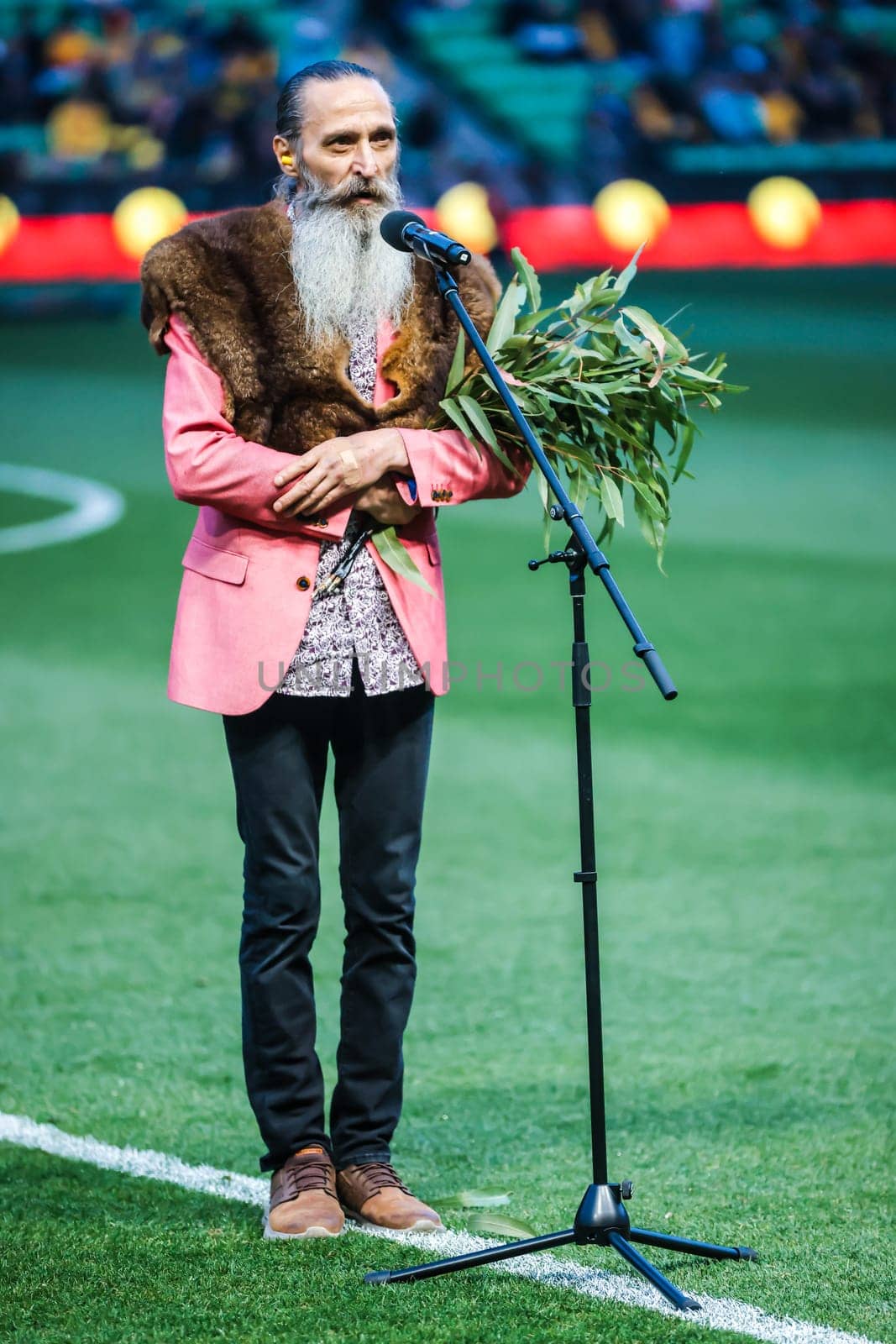 MELBOURNE, AUSTRALIA - NOVEMBER 16: Aboriginal 'Welcome To Country' before the 2026 FIFA World Cup Qualifier match between Australia Socceroos and Bangladesh at AAMI Park on November 16, 2023 in Melbourne, Australia