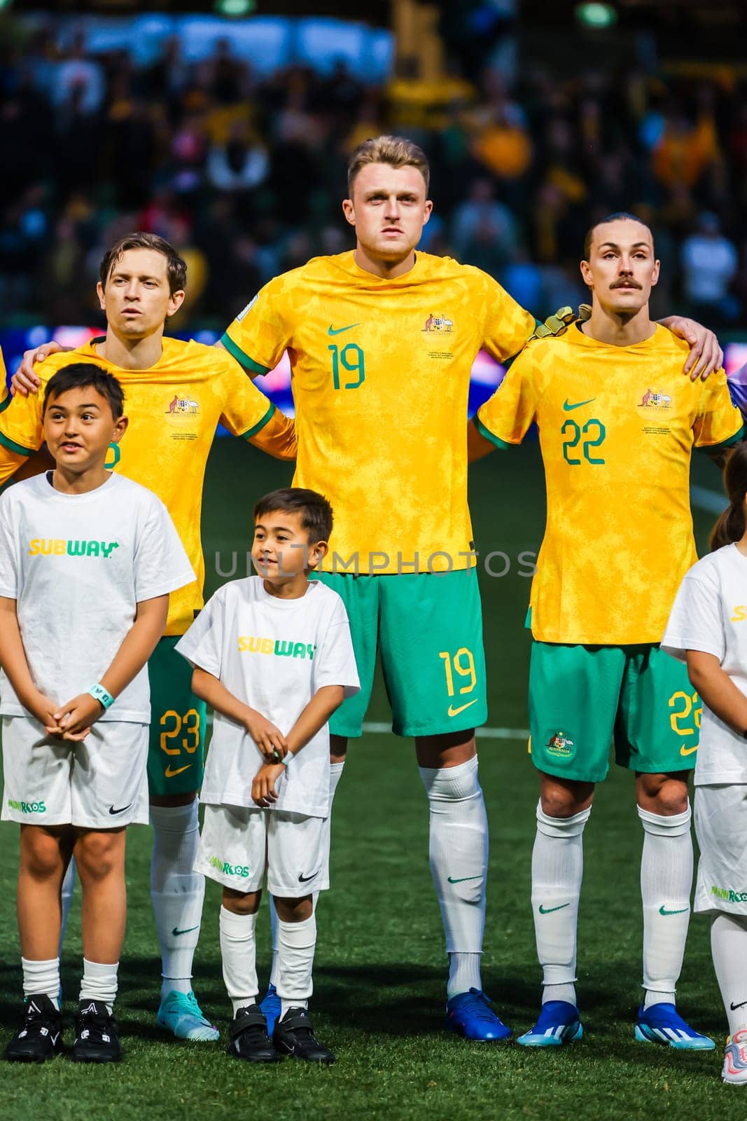 MELBOURNE, AUSTRALIA - NOVEMBER 16: National anthem atmosphere before the 2026 FIFA World Cup Qualifier match between Australia Socceroos and Bangladesh at AAMI Park on November 16, 2023 in Melbourne, Australia