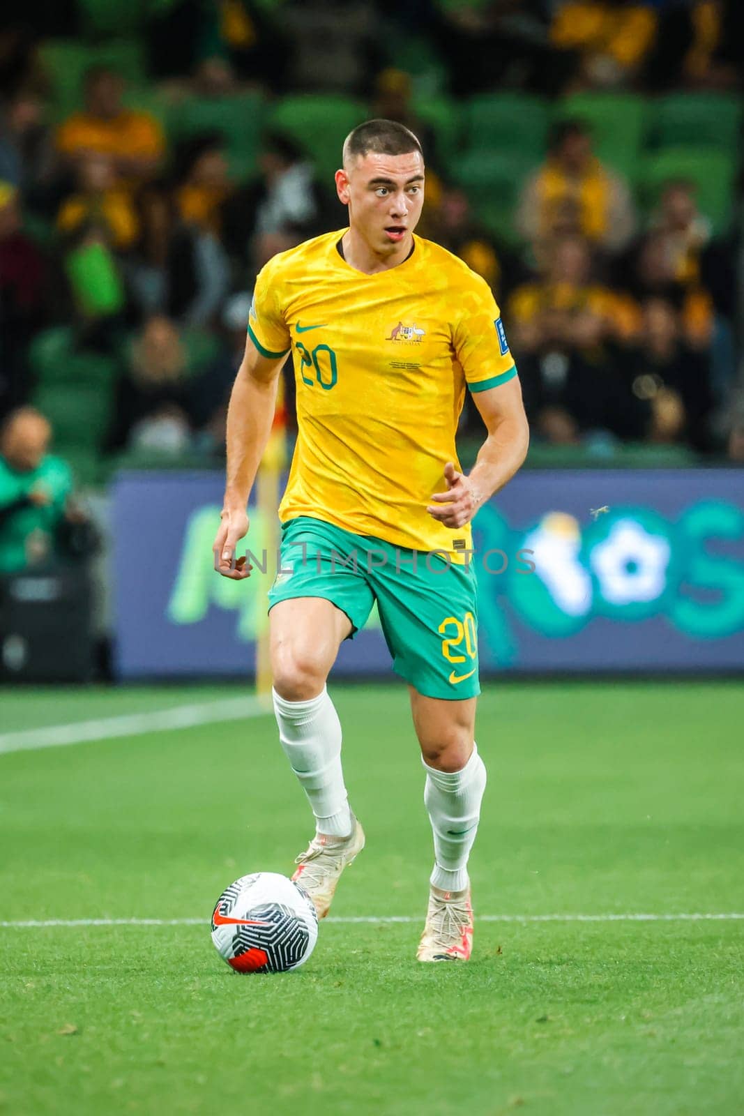 MELBOURNE, AUSTRALIA - NOVEMBER 16: Lewis Miller of Australia during the 2026 FIFA World Cup Qualifier match between Australia Socceroos and Bangladesh at AAMI Park on November 16, 2023 in Melbourne, Australia