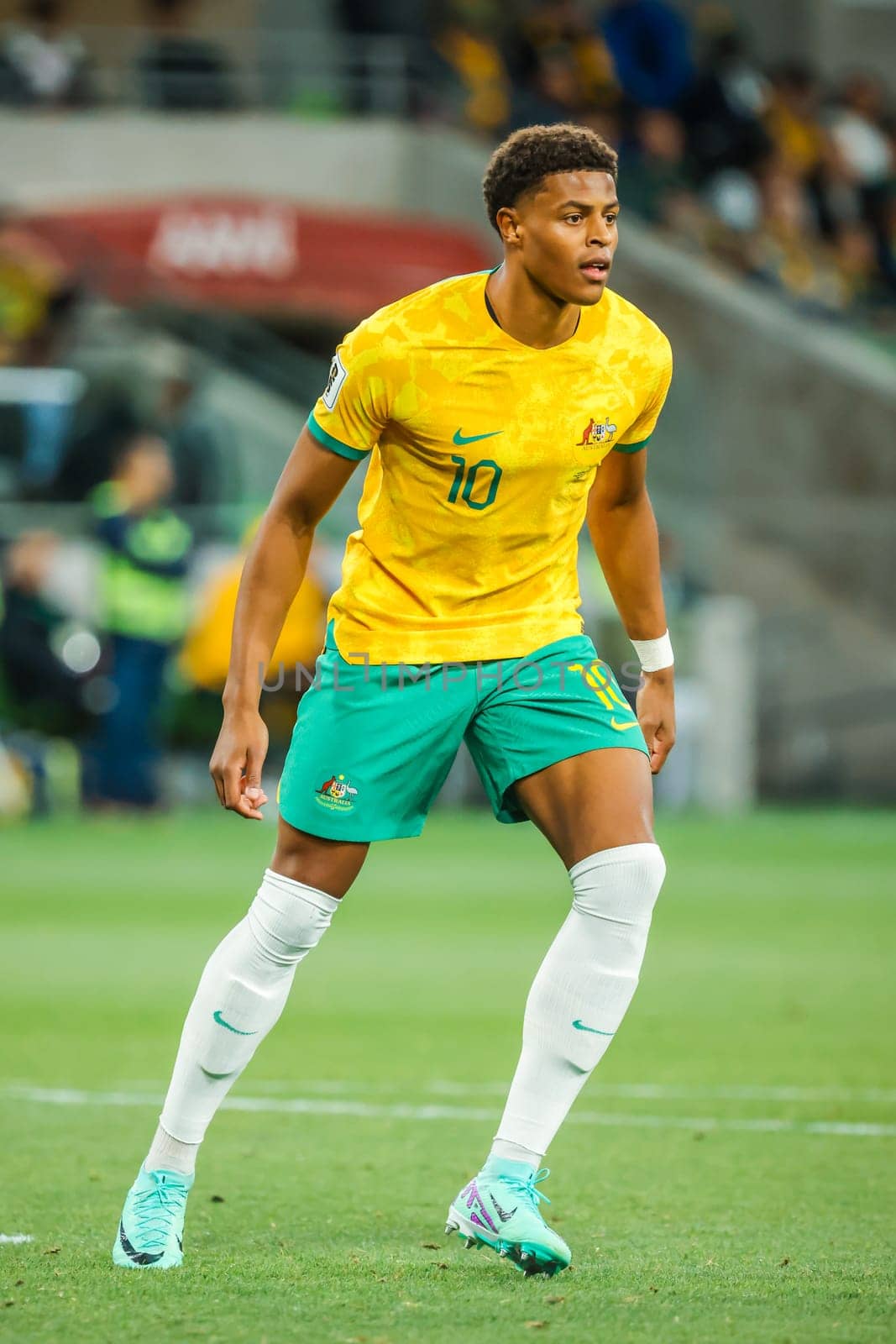 MELBOURNE, AUSTRALIA - NOVEMBER 16: Kusini Yengi of Australia during the 2026 FIFA World Cup Qualifier match between Australia Socceroos and Bangladesh at AAMI Park on November 16, 2023 in Melbourne, Australia