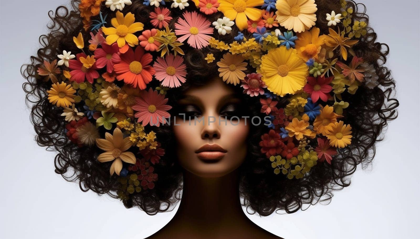 Afro African American woman with flowers in hair. Abstract woman portrait. American black skin girl with flower. Fashion illustration. Trendy modern minimalist design for wall art, postcards, social media isolated white background by Annebel146