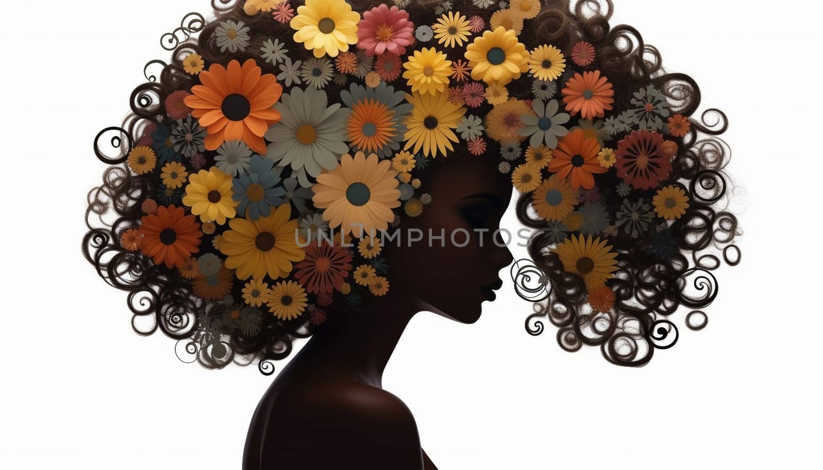 Afro African American woman with flowers in hair. Abstract woman portrait. American black skin girl with flower. Fashion illustration. Trendy modern minimalist design for wall art, postcards, social media isolated white background by Annebel146