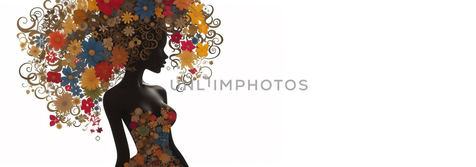 Afro African American woman with flowers in hair. Abstract woman portrait. American black skin girl with flower. Fashion illustration. Trendy modern minimalist design for wall art, postcards, social media isolated white background by Annebel146