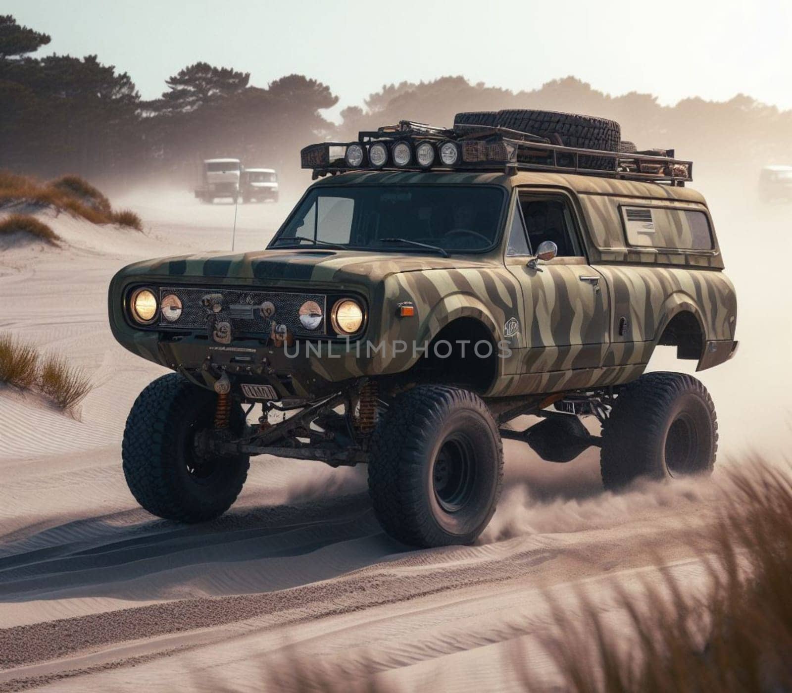 came matte painted camper van offroad lifted 4x4 conversion vehicle circulate on sand jump drift by verbano