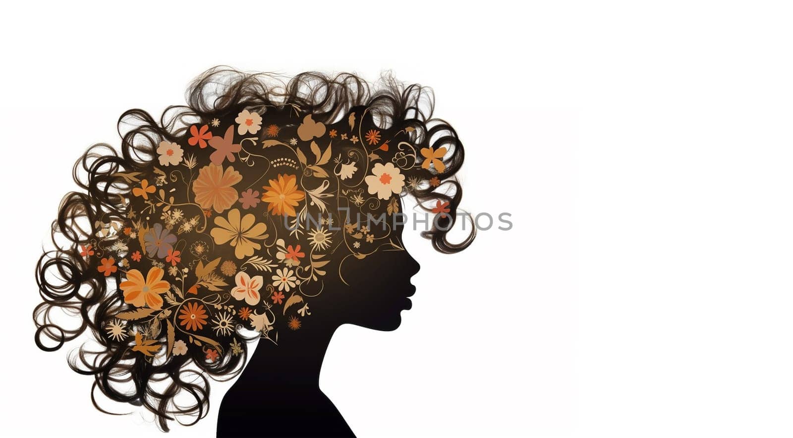 Afro African American woman with flowers in hair. Abstract woman portrait. American black skin girl with flower. Fashion illustration. Trendy modern minimalist design for wall art, postcards, social media isolated white background by Annebel146