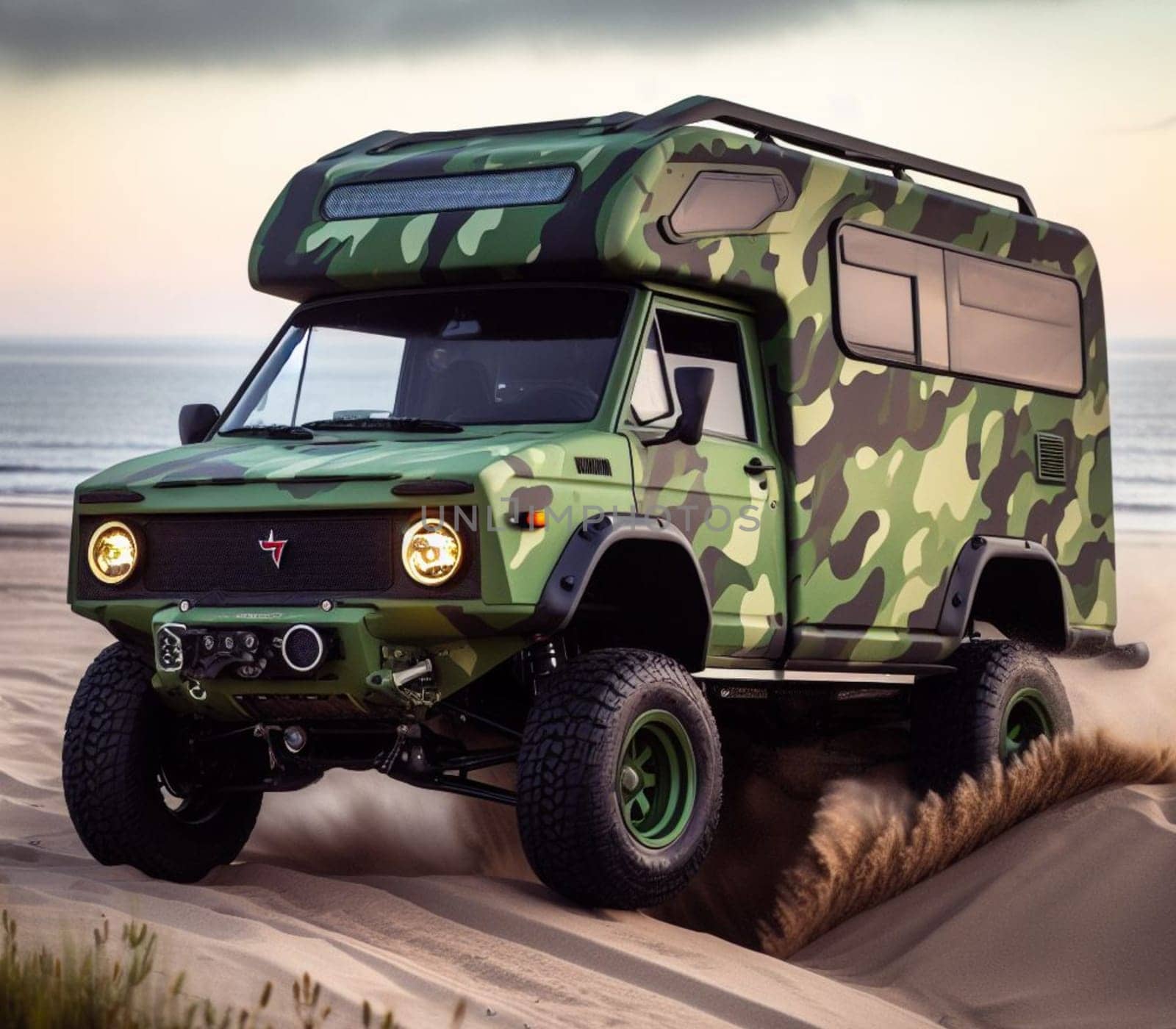 came matte painted camper van offroad lifted 4x4 conversion vehicle circulate on sand jump drift by verbano