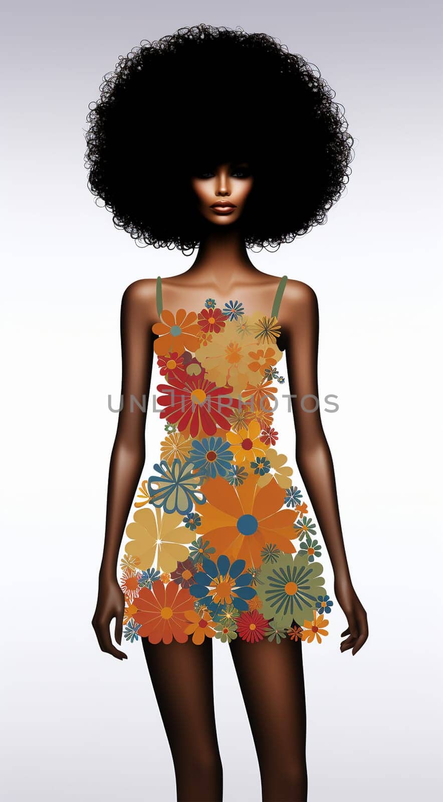 Afro African American woman with flowers in hair. Abstract woman portrait. American black skin girl with flower. Fashion illustration. Trendy modern minimalist design for wall art, beauty postcards, social media isolated white background