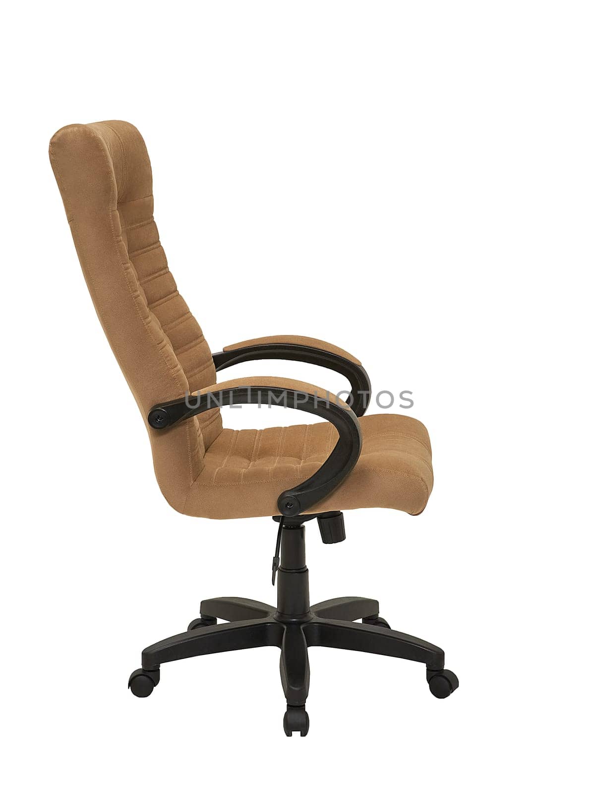 beige office fabric armchair on wheels isolated on white background, side view. modern furniture, interior, home design