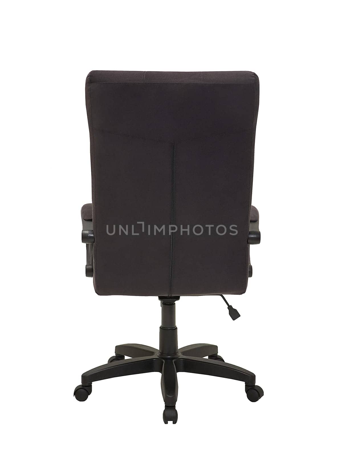black office fabric armchair on wheels isolated on white background, back view. modern furniture, interior, home design