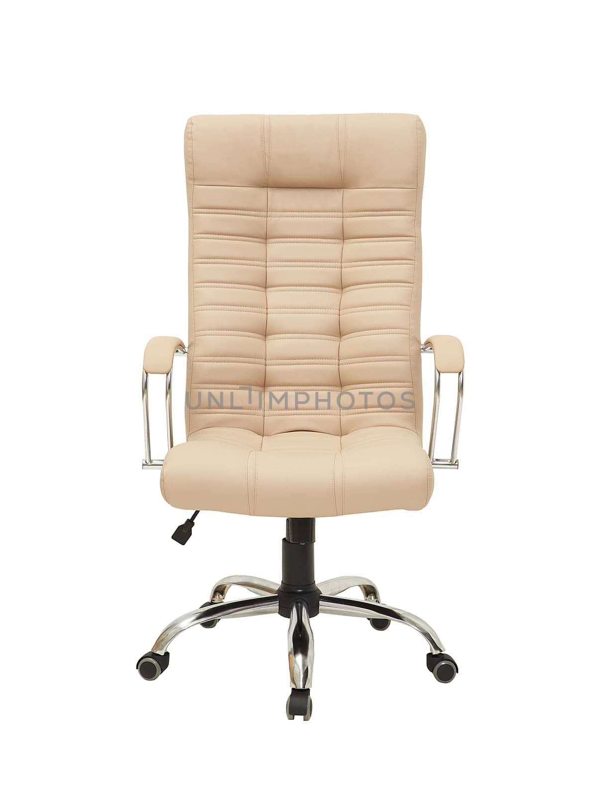 beige office leather armchair on wheels isolated on white background, front view. modern furniture, interior, home design