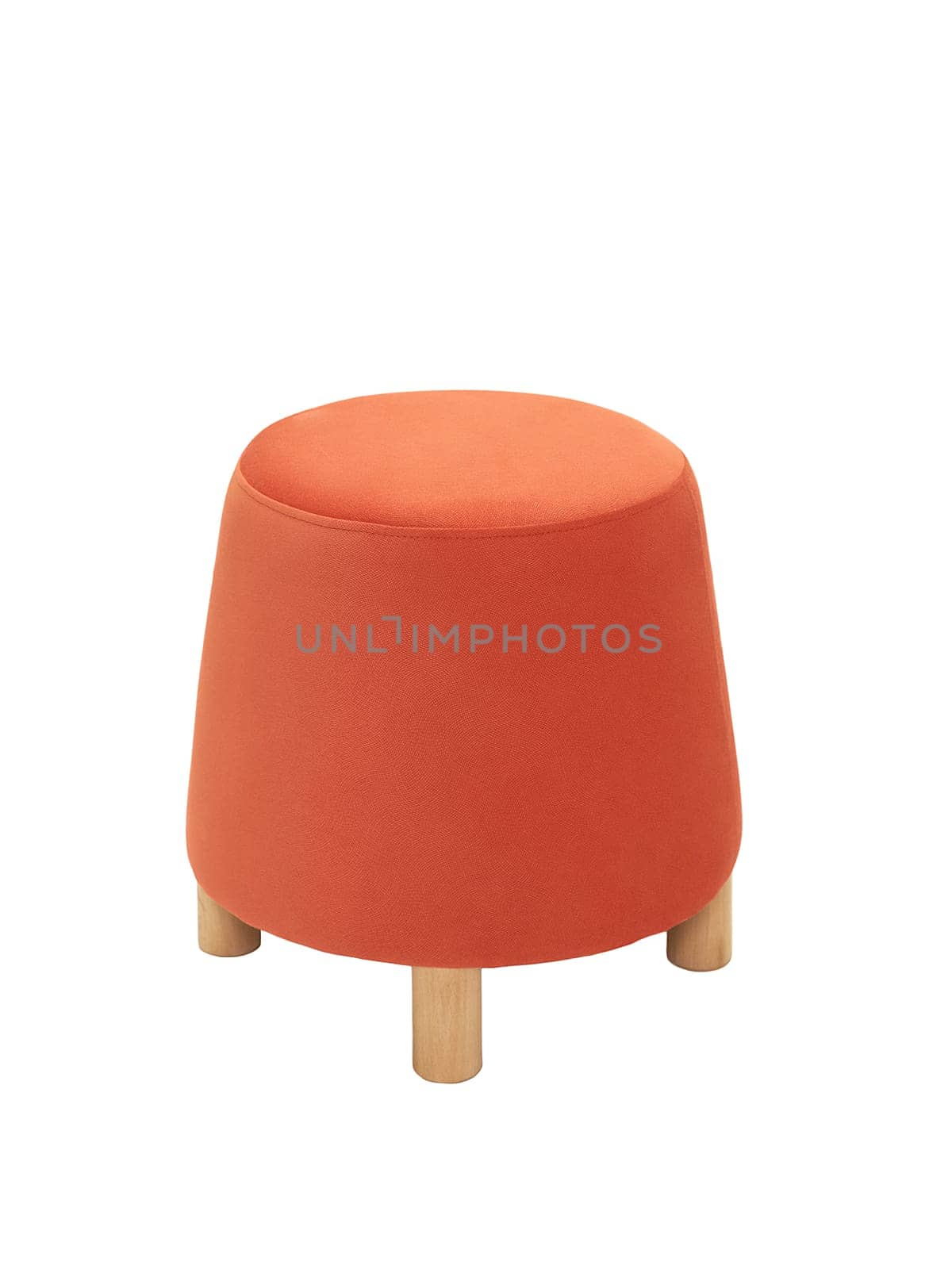 unusual modern orange conical padded stool upholstered with soft fabric in strict style isolated on white background. Creative approach to making furniture in shape of truncated cone