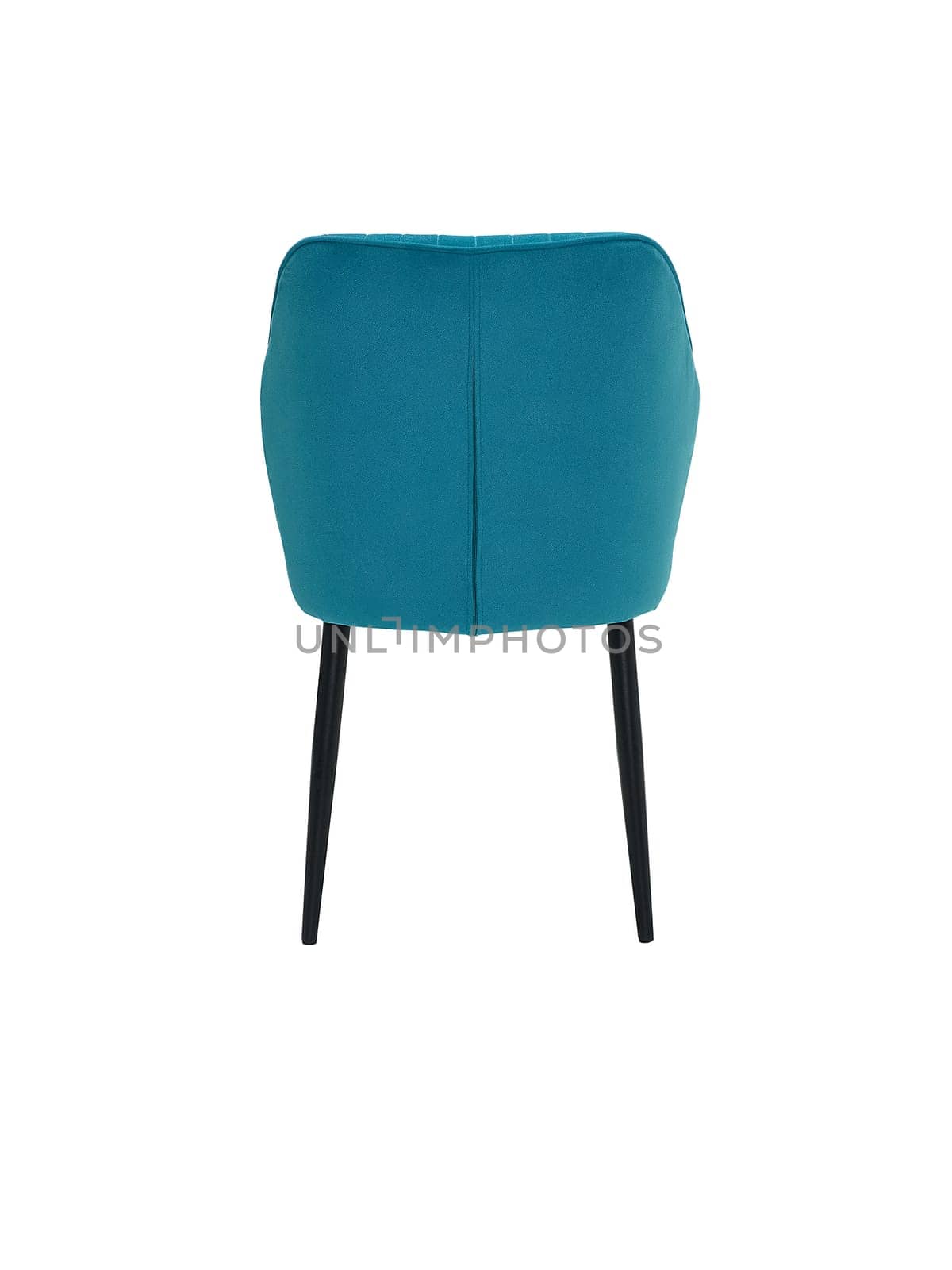 modern blue fabric chair with wooden legs isolated on white background, back view. contemporary furniture in classical style, interior, home design