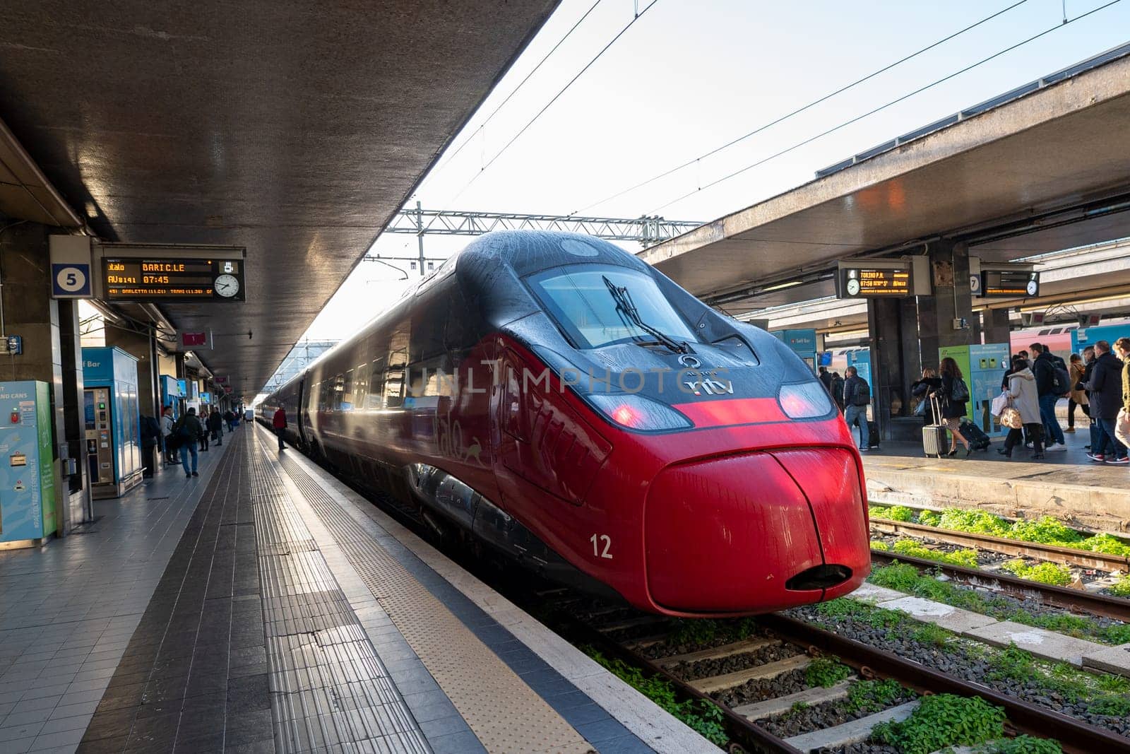 Rome, Italy: November 13, 2023: Italo high-speed train at the Rome Termini station in Rome in 2023 in Italy.