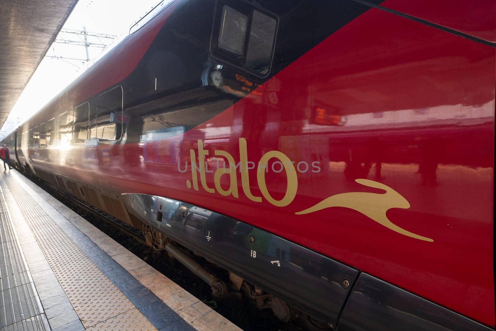 Rome, Italy: November 13, 2023: Italo high-speed train at the Rome Termini station in Rome in 2023 in Italy.