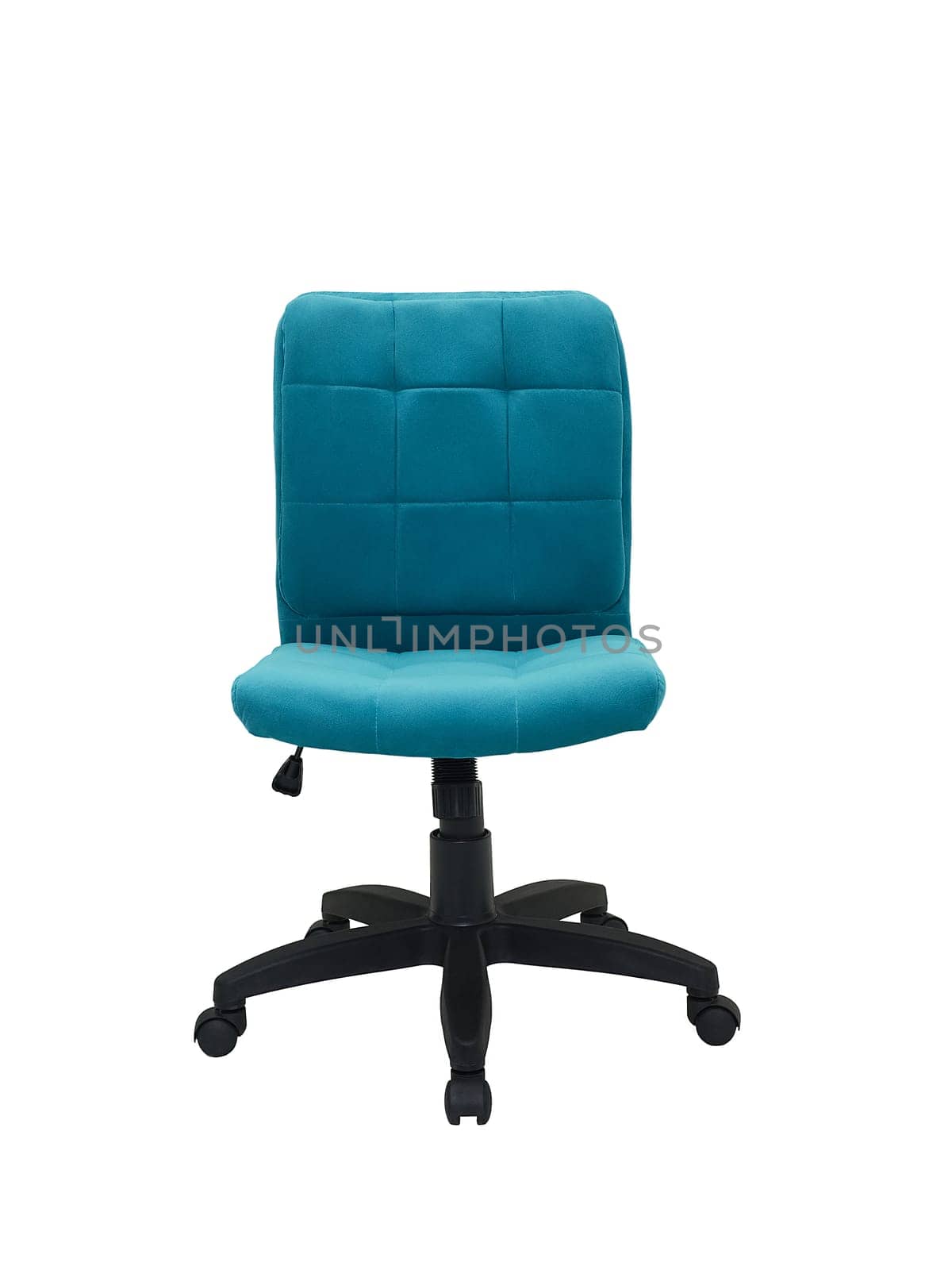 blue office fabric armchair on wheels isolated on white background, front view. modern furniture, interior, home design