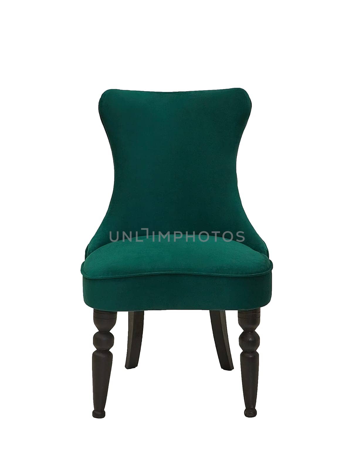 green fabric chair in vintage style with wooden legs isolated on white background, front view. retro furniture in classical style, interior, home design