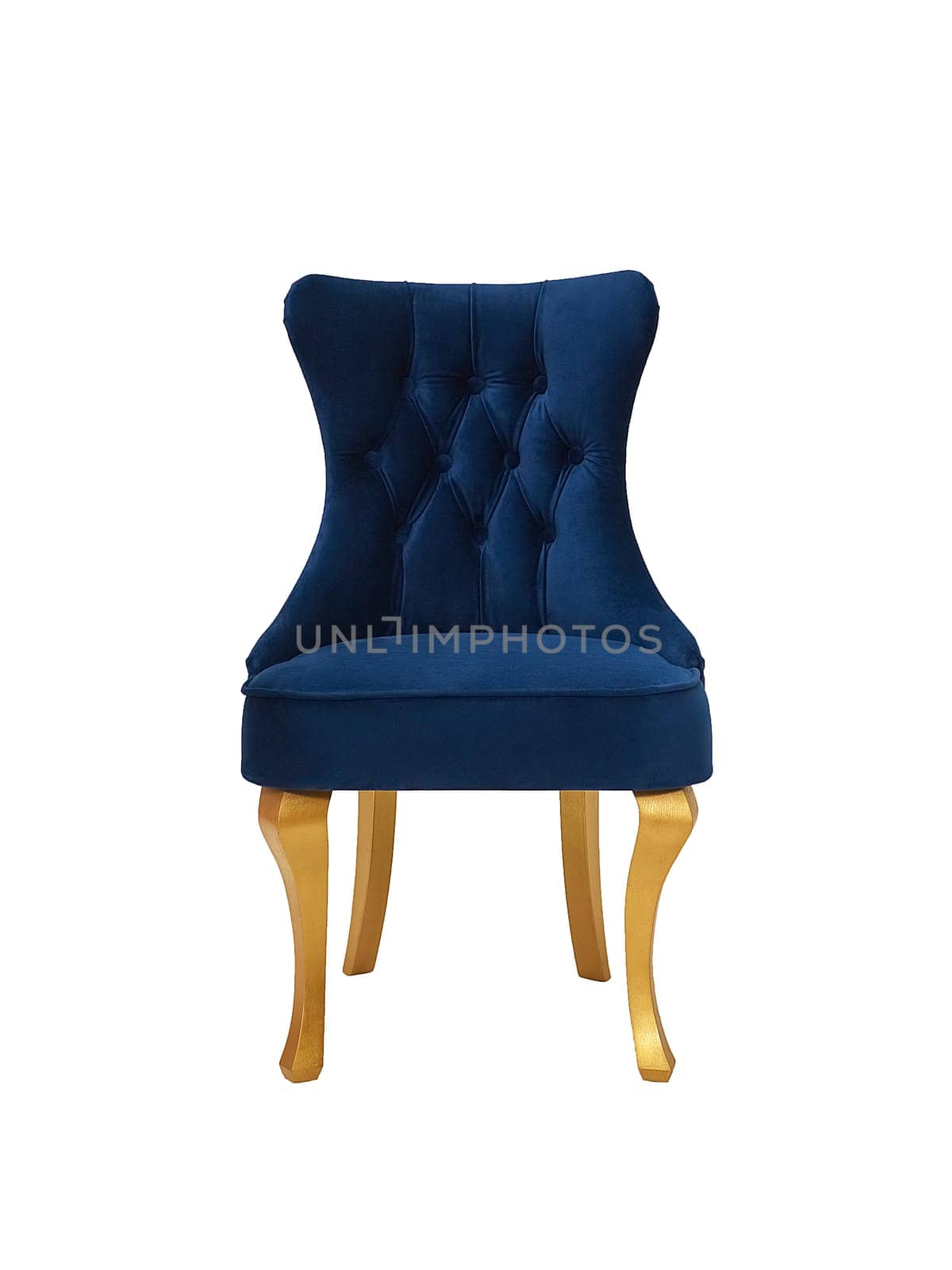 blue fabric chair in vintage style with yellow legs isolated on white background, front view. retro furniture in classical style, interior, home design