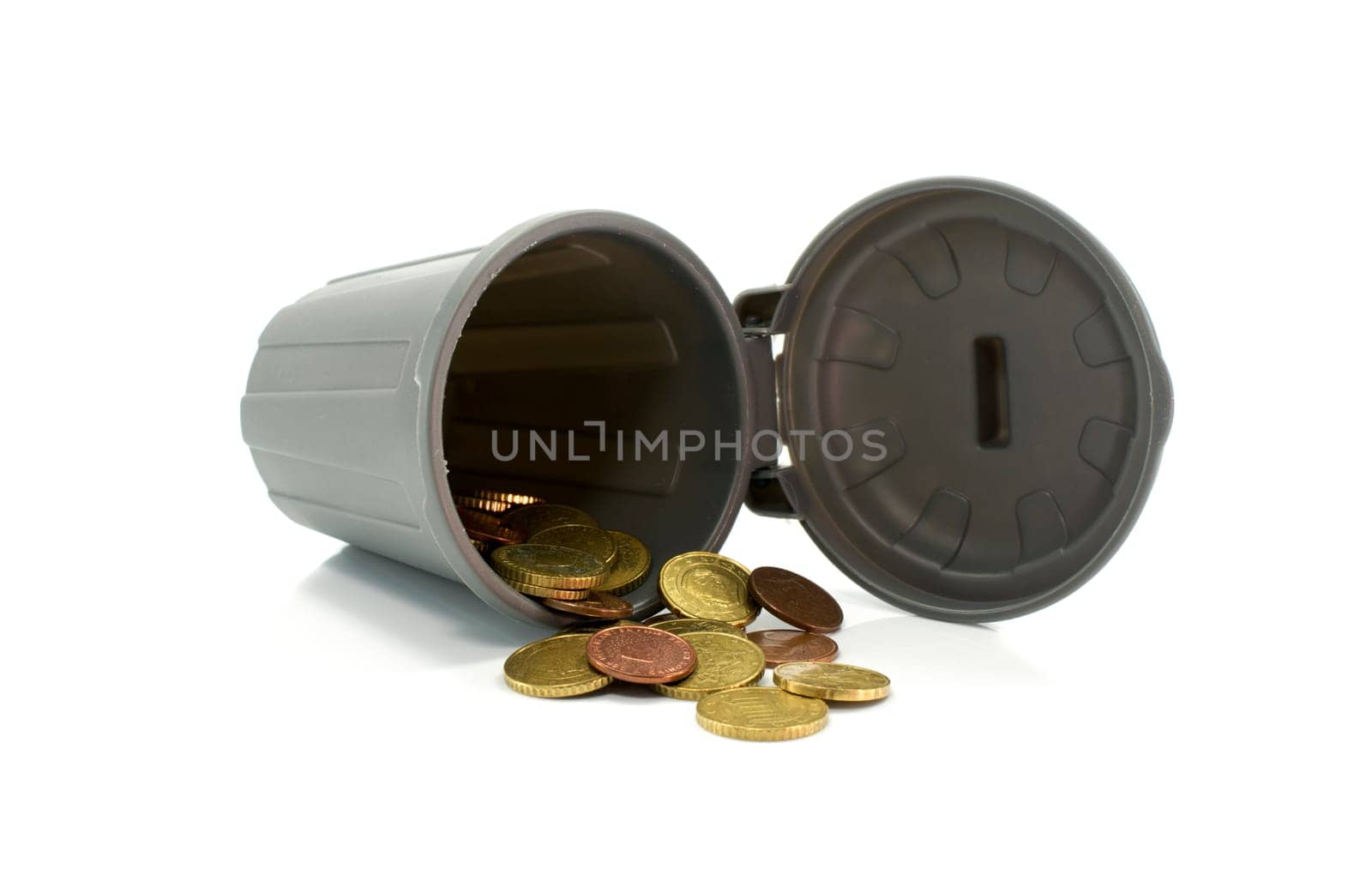 grey container with euro coins on white symbol of throwing away or wasting money