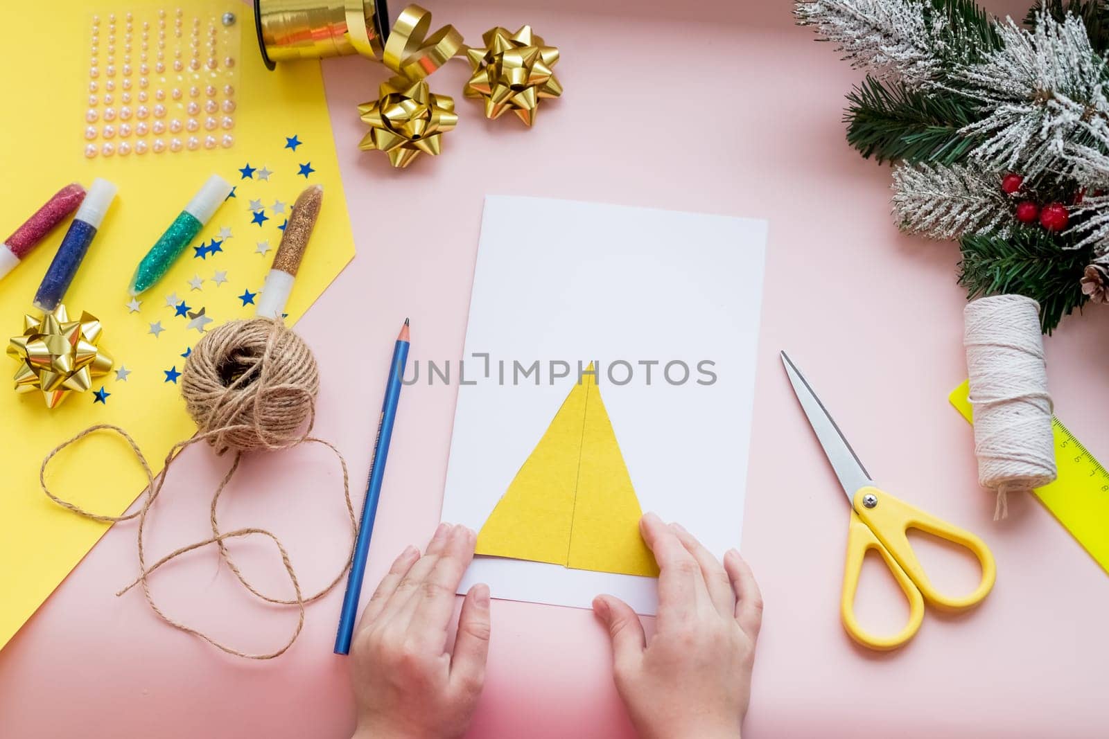 DIY concept. How to make Christmas card. New Year idea for children. Step-by-step photo instructions.