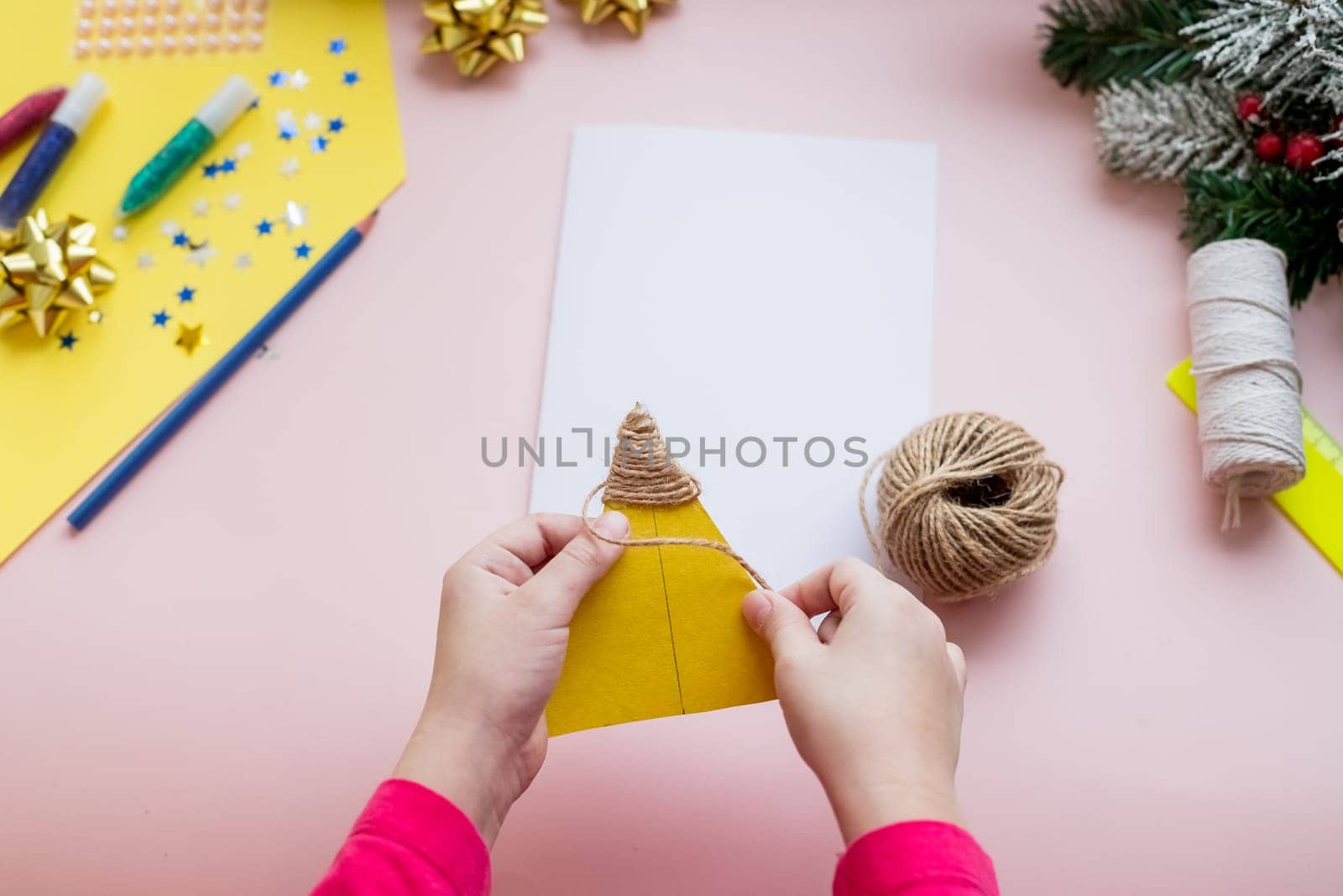 DIY concept. How to make Christmas card. New Year idea for children. Step-by-step photo instructions.