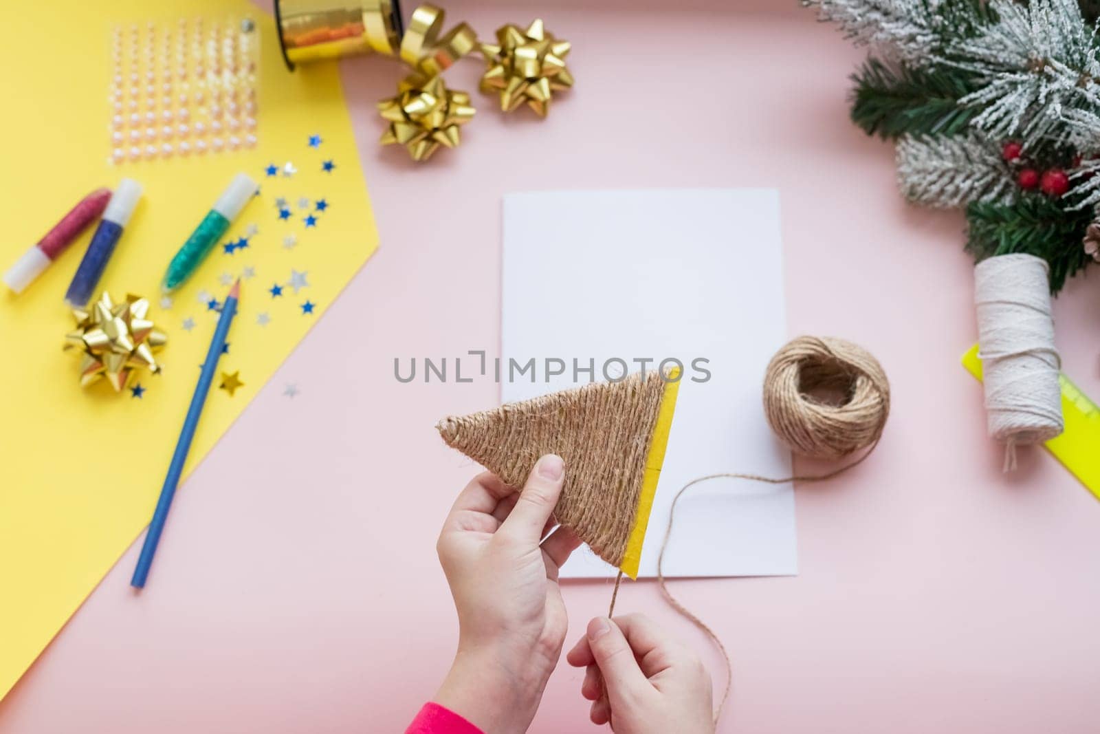 DIY concept. How to make Christmas card. New Year idea for children. Step-by-step photo instructions.